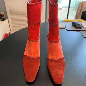 Salvatore Ferragamo Red Vintage Color-block Leather Stitched Suede Booties